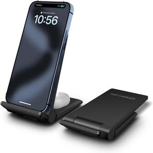 Wireless Charger 2 in 1, 20W Fast Wireless Charging Stand Station Foldable for iPhone 17 16 15 14 13 12 Pro Max/XS,Air Pods, for Samsung Galaxy S25/S24/S23/S22/S21/S20,Note20/10,Galaxy Buds (Black)