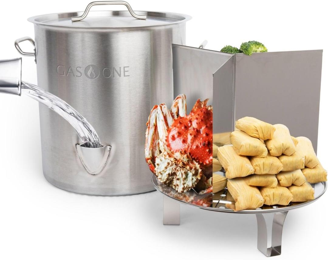 GasOne Stainless Steel Steamer – 40qt Steamer Pot for Cooking with Water Fill Spout, Rack, Divider – Steam Pot for Tamales and Crab Boil – Induction Ready