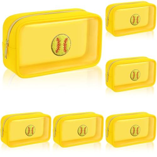 SilTriangle 6 Pcs Softball Clear Makeup Bag with Zipper Bulk Sport Goodie Clear PVC Pouch Organizer Waterproof Travel Case for Woman Team Gifts Birthday Decorations Supplies