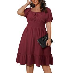 Eytino Women Plus Size Summer Dress Short Sleeve Square Neck Casual Mini Short Dresses Beach Vacation, 2X, Red Dahlia