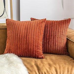 UGASA Fall Super Soft Decor Striped Corduroy Large Throw Pillow Covers Sham Cushion Case Living Room, 2 Packs, 24" x 24" (61cm), Burnt Brick