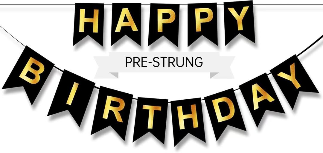 Happy Birthday Banner,Pre-Strung Black and Gold Party Decorations16ft Pre-Strung Hanging Sign for Kids, Girls, Boys, Women  No DIY, Backdrop Supplies