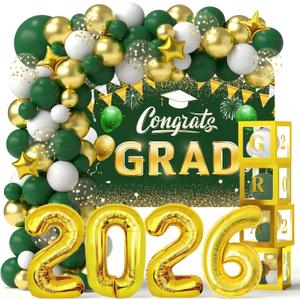 Graduation Balloon Garland Arch Kit Different Sizes 5 12 18In Green Gold Balloons for Graduation Party Decorations with Silver 2026 Number Foil Balloon & Graduations Backdrop and GRAD Balloons Box