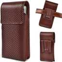 LEATHER VILLAGE Carbon Fiber Genuine Leather Phone Holster with Belt Clip - Compatible with iPhone 16, 16 Pro, 15, 15 Pro, 14, 14 Pro, 13, 13 Pro, 12, 12 Pro, 11, Galaxy S25, S24, S23 - Brown - M
