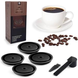 Reusable Coffee Capsule Lids for Original Nespresso Pods Vertuoline, Food Grade Silicone Caps for Any Sizes of Reusable Nespresso Refillable Capsule with Scoop and Brush (Black)