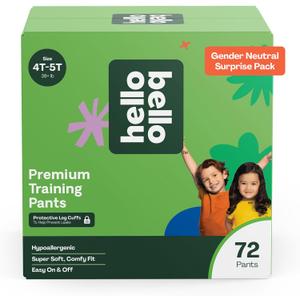Hello Bello Premium Training Pants, Size 4T-5T (38+ lbs) Surprise Pack - 72 Count, Hypoallergenic with Soft, Cloth-Like Feel - Assorted Gender Neutral Patterns
