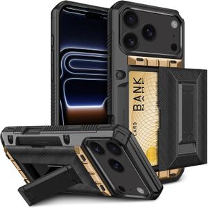 for iPhone 17 Pro Case with Card Holder Kickstand [3-5 Cards] Armor Military Grade Protective Cover Rugged Heavy Duty Shockproof Wallet Case Card Slot for iPhone 17 Pro 6.3 inch for Men, Black