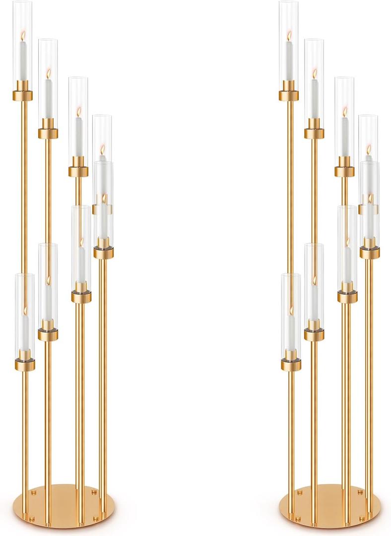 Suclain 2 Sets Floor Candelabra 8 Arms 54 Inch Tall Metal Candle Holders Candlestick Centerpiece for Table Candle Holder with Acrylic Lampshade for Wedding Party Home Decoration (Gold)