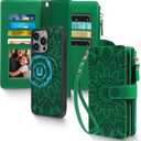 Harryshell 2 in 1 for iPhone 16 Wallet Case Magnetic Compatible with Magsafe RFID Blocking Card Holder Detachable Phone Cover Zipper Purse Kickstand Wrist Strap for Men Women 6.1" 2024 Floral Green