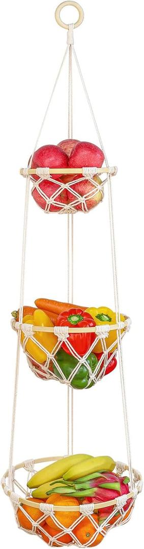 3 Tier Macrame Hanging Fruit Basket, Boho Vegetable Holder for Kitchen Food Storage with Hook, Bohemian Cotton Produce Multi Organizer, Plant Hanger Decor for Home Living Room Women Christmas Gift