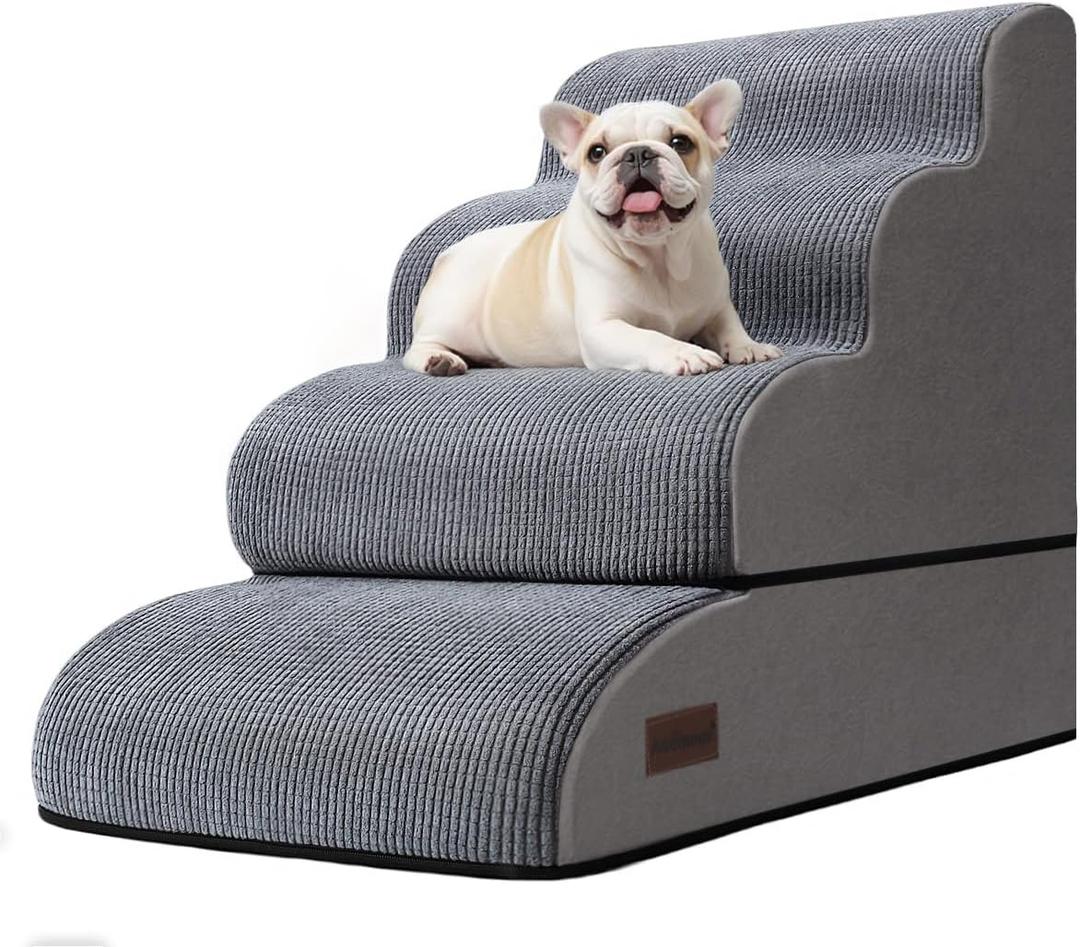 4-Step Dog Stairs and Ramp for Beds or Couches  Non-Slip Sturdy Pet Steps for Small Dogs and Cats,21" H,Grey