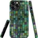 Case for iPhone 14 Pro,Green Mosaic Glass Retro Style Phone Case Slim Silicone Shockproof Cover for Girls WomenGlossy & Durable