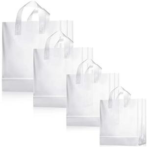 Weewooday 100 Pcs Frosted Plastic Gift Bags with Handles for Small Business Clear Shopping Bags with Cardboard Bottom,4 Sizes(Clear)