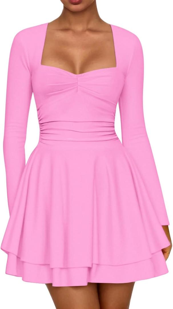 AGSEEM Womens Mini Dress Long Sleeve Square Neck Ruffle Hem Corset Ruched Waist A Line Short Party Dresses (Pink, XL)