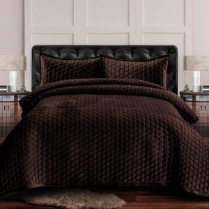 Tribeca Living Lugano Oversized Velvet Quilt Set - All Season, Extra Large, 3 Piece King Size Comforter Set with 2 Pillow Shams in Chocolate Honeycomb Pattern 260GSM