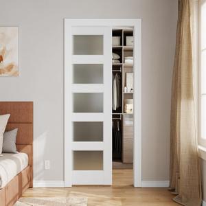 Sliding Pocket Door 30" x 80", 5-Panel Frosted Glass Panel with Soft Close Pocket Door Frame Kit, Interior & Closet Pre-Assembled Door Slab, White Primed