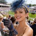1920s Vintage Fascinators Hat Set for Women Tea Party Hats Veil Mesh Feather Headband Lace Gloves Set (Blue)