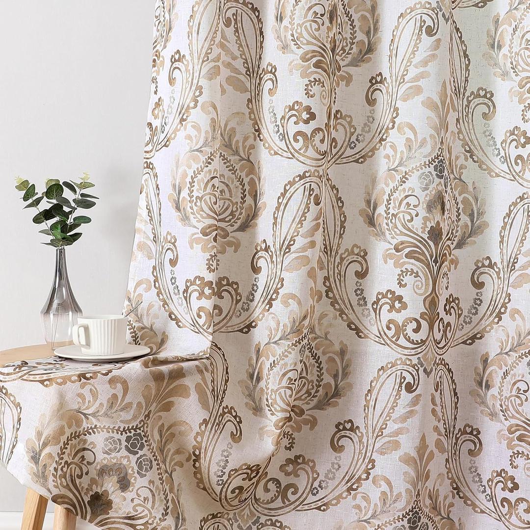 H.VERSAILTEX Farmhouse Floral Curtains for Living Room 84 Inch Length 2 Panles Set Summer Privacy Light Filtering Sheer Curtains Linen Style Drapes, Damask Printed Curtain, Taupe