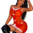 Women's Valentine's Day Lingerie, Red Lace Mesh Bodysuit Sexy Santa Lingerie (Red)