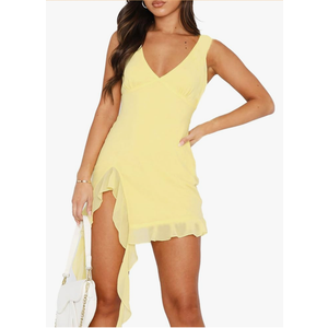 Women's Summer Bodycon Dresses Sexy V Neck Backless Y2K Slit Ruffle Trim Fringe Cocktail Party Mini Mesh Tank Dress Size Small