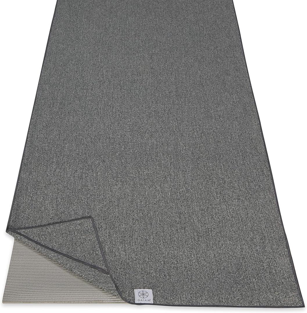 Gaiam Yoga Towel - Mat Sized Active Dry Non Slip Moisture Wicking Sweat Absorbent Microfiber Hot Yoga Towel for Women & Men | Stay-Put Corner Pockets (70" Long x 26" Wide) (Grey)