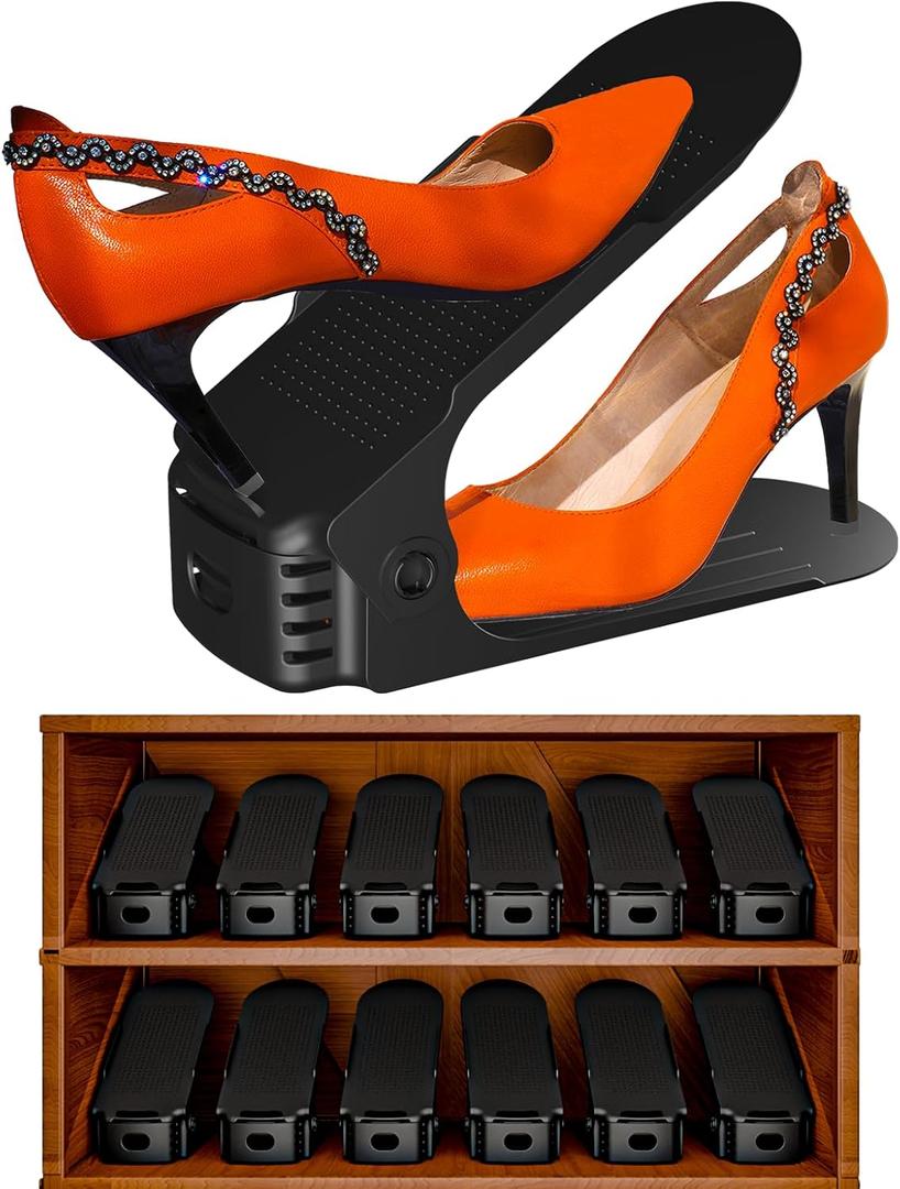 Shoe Slots Organizer, 12PCS Adjustable Double Layer Stack Shoe Rack, 50% Space-Saving Storage Rack Holder, Black