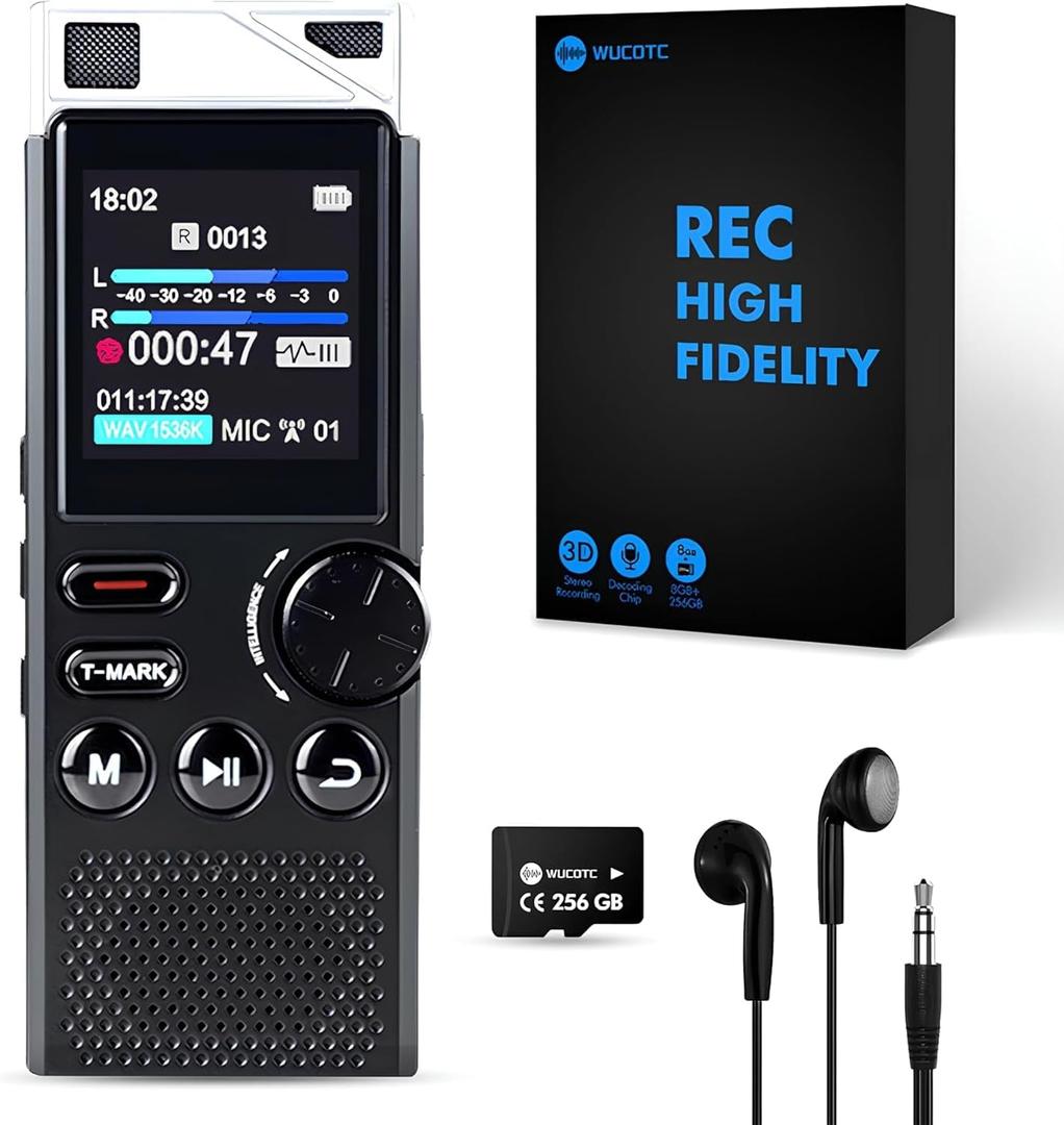 Professional 264GB WUCOTC Digital Voice Recorder - Voice Activated Recorder for Lectures Meetings - 18000 Hours Recording Device with Playback, MP3 Player, Password Protection, Variable Speed, Black
