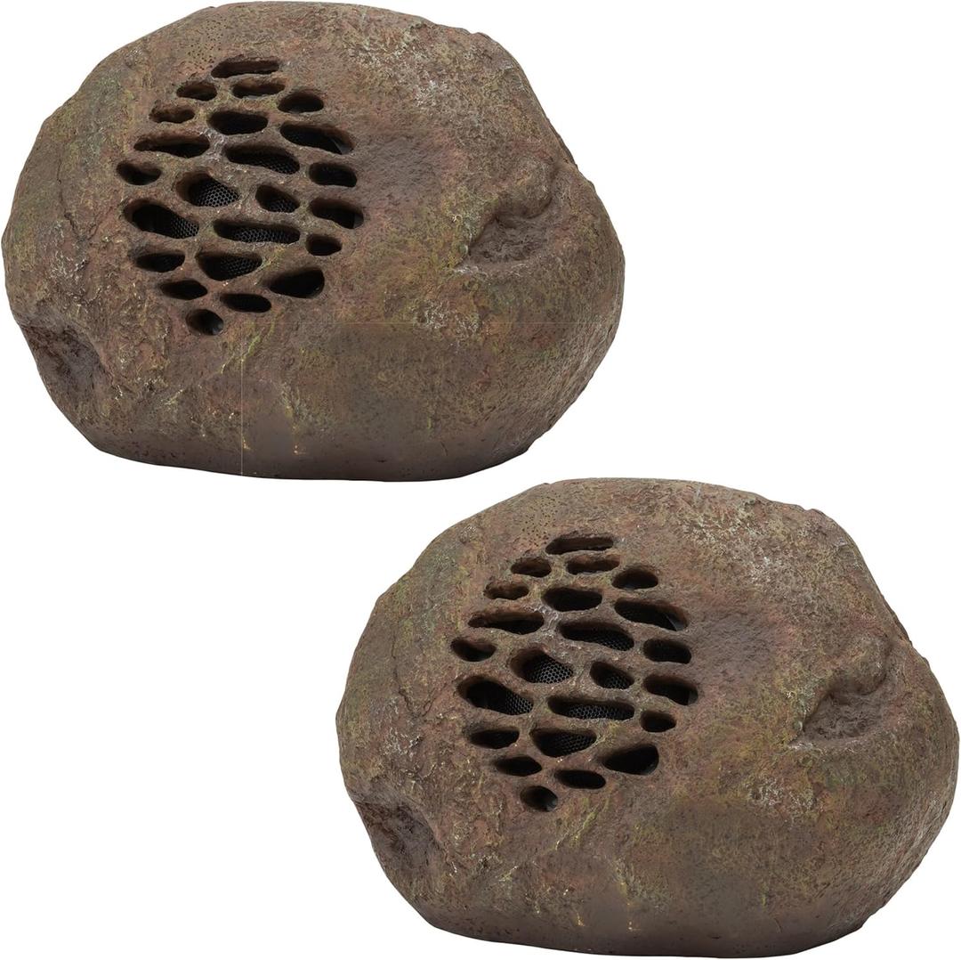Alpine Corporation 9" Tall Solar Bluetooth Rock Speaker, Weather-Resistant High Fidelity Outdoor Audio System with 50 Foot Range, Brown - Set of 2