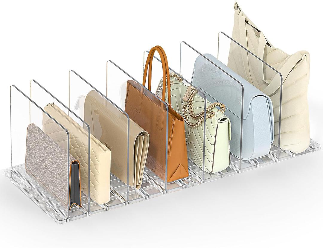 SortNStore Bag & Purse Organizer for Closet: Adjustable Clear Handbag Storage Shelf - Plastic Clutch Dividers for Closet Organizers and Storage - Keep Carteras & Pocketbook Upright, Clear 2 Bases+7 Dividers