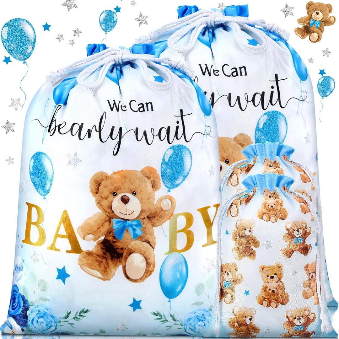 4 Pcs Large Baby Shower Drawstring Gift Bags for Boy Blue Bear Reusable Canvas Wrap Bags 20 Inch Extra Large 12 Inch Medium Treat Sacks Baby Shower for Kid Girls Birthday Gender Reveal Party