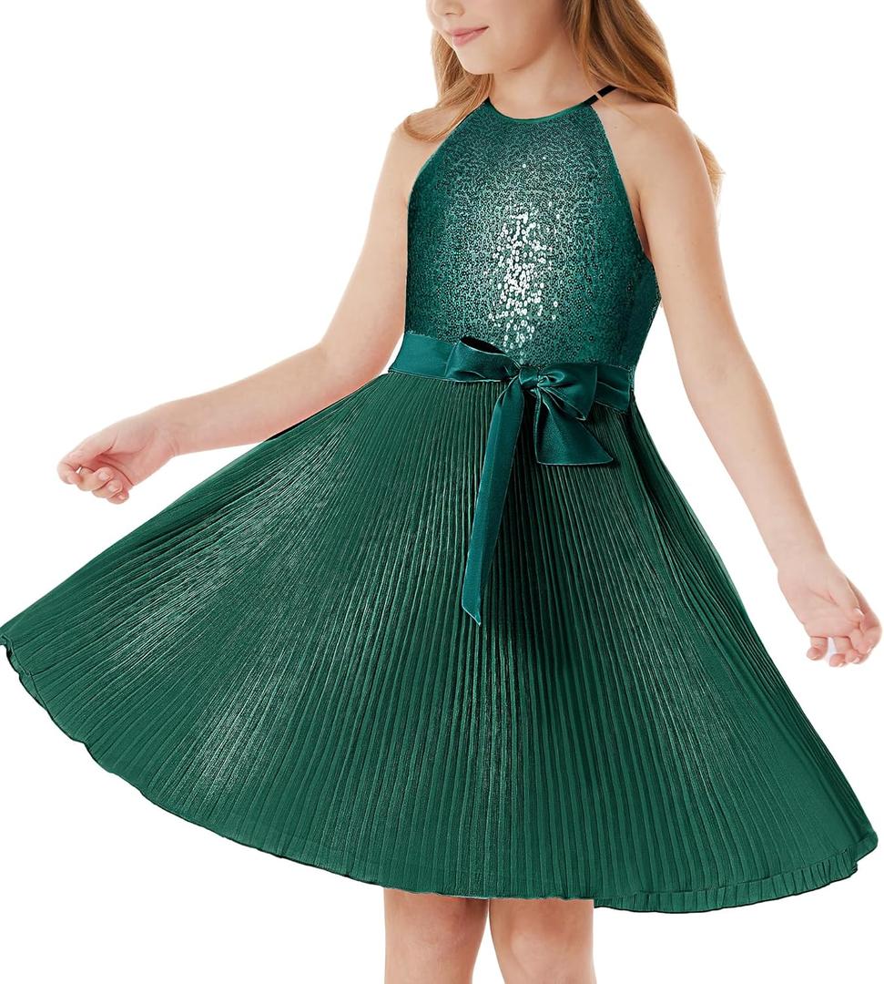 GRACE KARIN Girls Sequin Dress Christmas Party Dance Formal Birthday Fancy Sparkly Halter Chiffon Dresses (5-6 Years, Green)