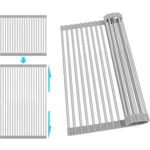 Roll Up Dish Drying Rack, Adjustable Over Sink Dish Drying Rack for Kitchen, 10"-20" Foldable Sink Rack to Dry Dishes & Drain Items, Stainless Steel Over Sink Cover Drying Mat (22"x13.8"(Expandable))