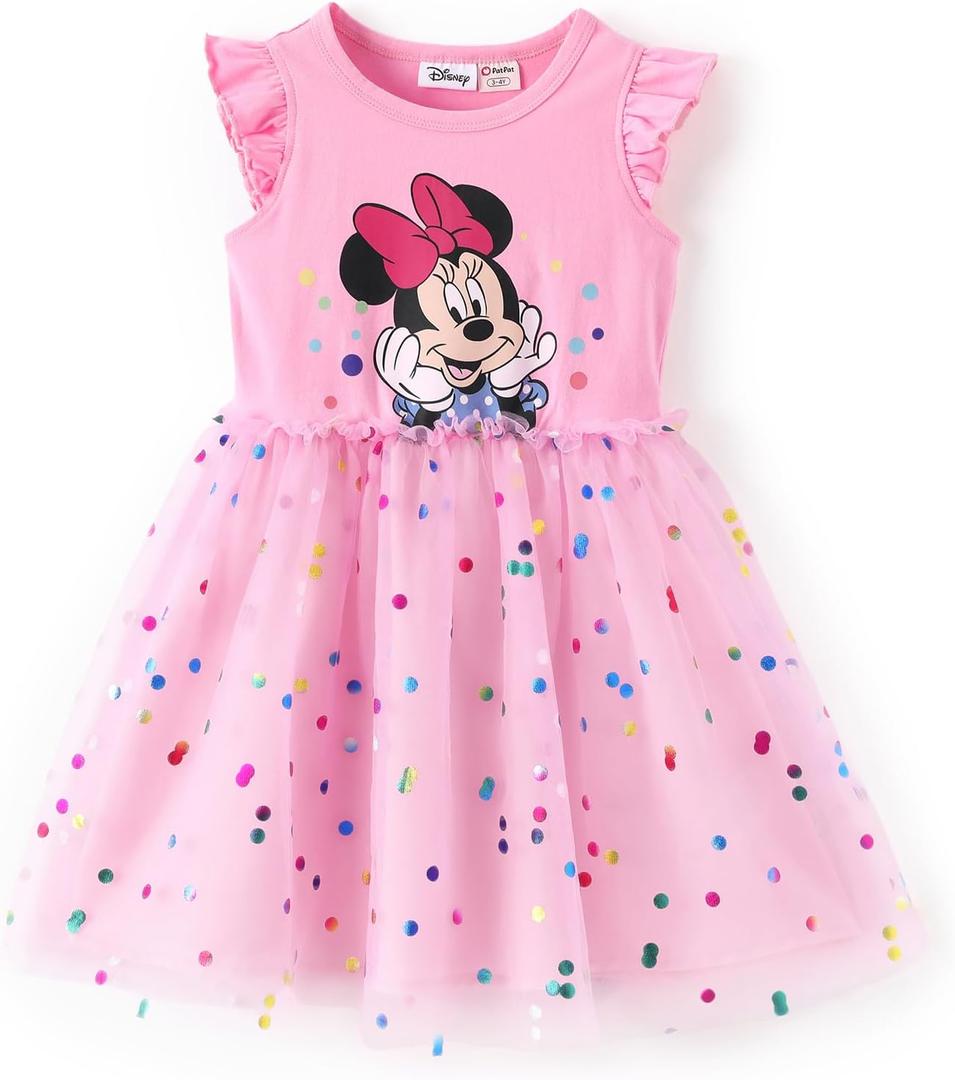 Disney Princess Frozen Elsa Minnie Stitch Toddler Girl Tulle Tutu Dress Ruffle Sleeve Mesh Summer Birthday Party Clothes 6-7Y (Pink)