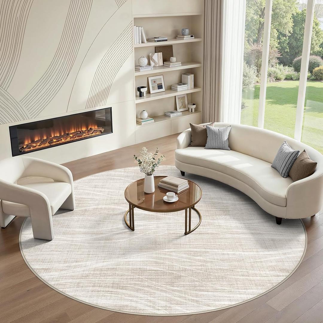 WITSHOCK 8ft Round Rugs for Living Room, Modern Striped Design Area Rug, Large Rug for Bedroom Dining Room Office Nursery, Soft Thin Non-Slip Carpets for Home Decor, Beige