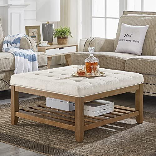 24KF Large Square Upholstered Tufted Linen Ottoman Coffee Table, Large Footrest Ottoman with Solid Wood Shelf-Ivory
