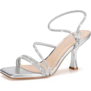 Women's Strappy Kitten Heels Square Open Toe Sandals Party Wedding Ankle Strap Shoes (Gray), Size 7.5