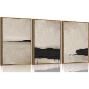 myusuar 3 Piece Large Modern Abstract Canvas Framed Wall Art For Living Room, Black And Beige Vintage Minimalist Wall Art Decor Posters Prints For Bedroom Office 16x24in