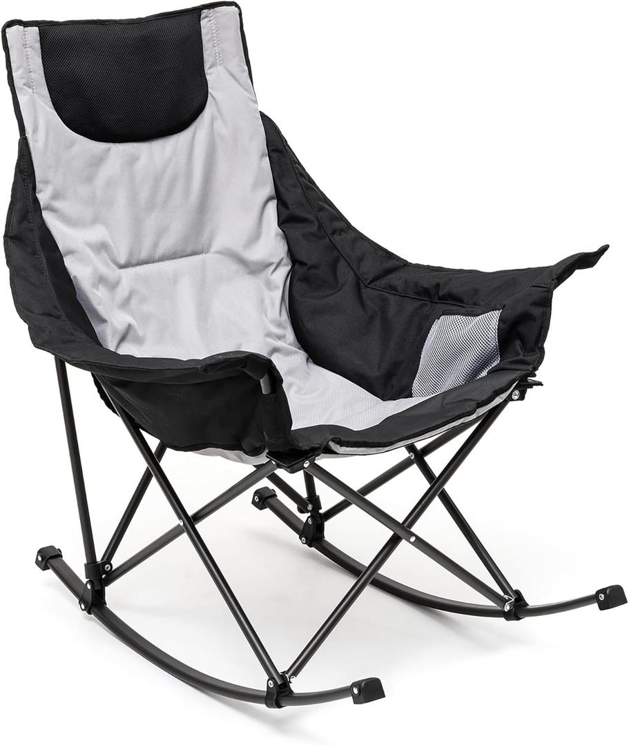 SUNNYFEEL Oversized Rocking Camping Chair, Fully Padded Patio Chair with Side Pocket, High Back Portable Lawn Recliner with Headrest, Outdoor Camp Rocker Chairs for Adults Heavy Duty 300 LBS (1 PC, Grey)