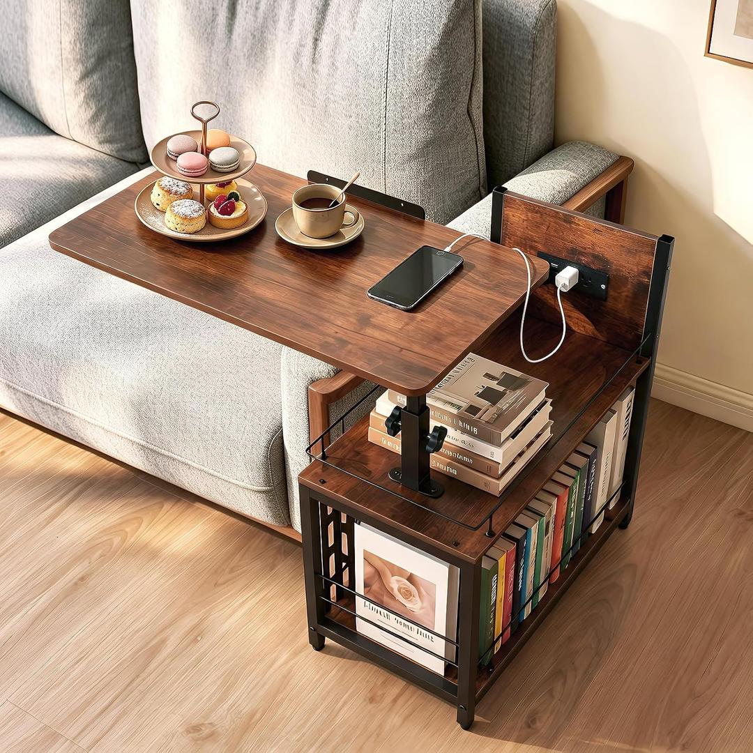 360° Swivel Lift Top Side Tables with Storage and Charging Station
