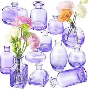 Glass Bud Vases Set of 12, Purple Small Glass Vase for Wedding Centerpieces, Clear Vase in Bulk | Purple Bud Flower Vases for Elegant Floral Displays, Table Decor, Event Styling