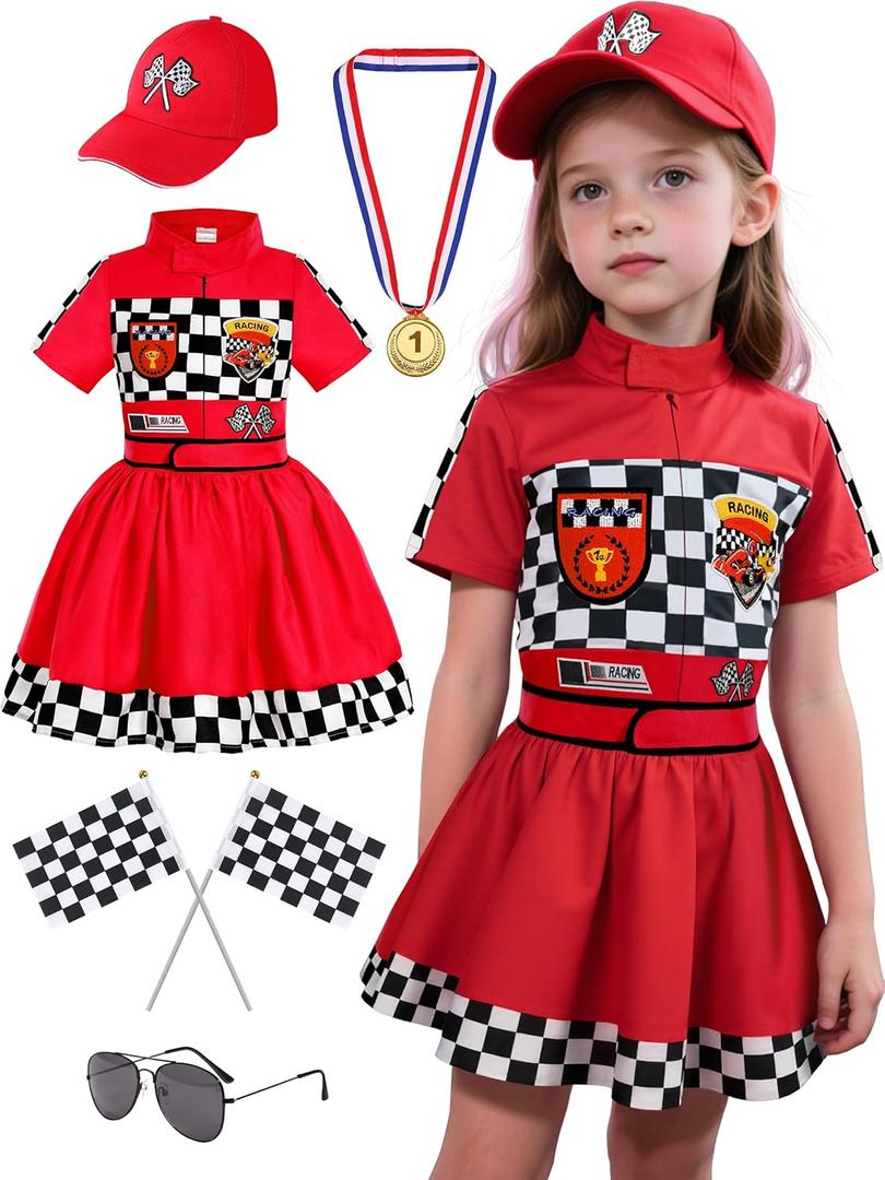 Race Car Driver Costume for Girls Racing Outfit for Toddler Racer Dress Up (5-6 Years, Red)