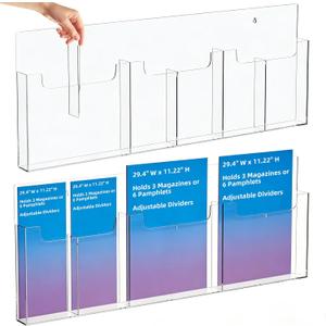 Acrylic Brochure Holder with Adjustable Dividers, Converts Between 3 Magazine Holders or 6 Pamphlet Holders, Clear Display Rack Wall Mount for Flyers and Literature, for Office Waiting Room