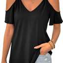 LilyCoco Womens Cold Shoulder Tops Casual Summer Short Sleeve V Neck T Shirts Black Small (Black, S)