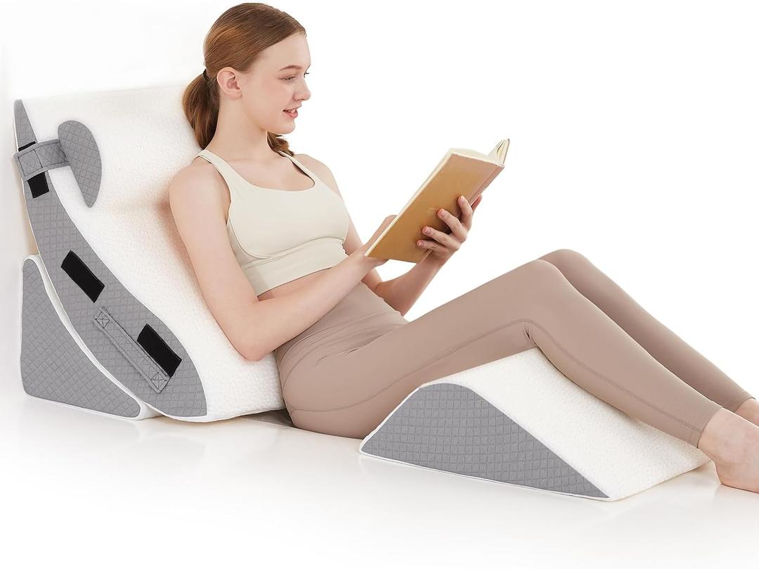 Orthopedic Bed Wedge Pillow Set for Sleeping 4 PCS - Adjustable Triangle Pillow for Neck Leg Support with Washable Cover - 35D Foam Wedge Pillow Post Surgery for GERD & Snoring (White Grey)