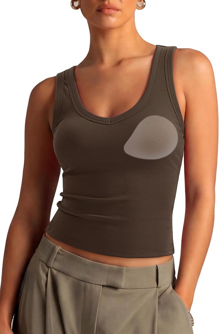 SUUKSESS Women Cotton Ribbed Summer Casual Tops Padded Loose Fit Tank Tops (Brown, L)