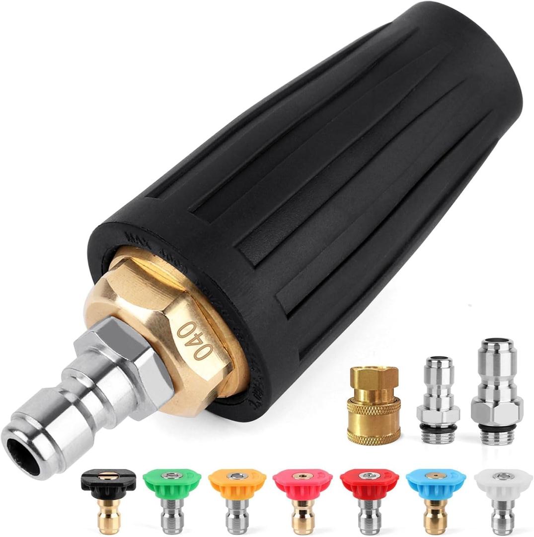 Turbo Nozzle Pressure Washer, 4000 PSI 360Rotating Power Washer Nozzles (Max 5000 PSI) with 1/4 and 3/8 Quick Connect, 7 Pressure Washer Nozzle Tips for Concrete, Brick, Driveway(4.0 GPM)