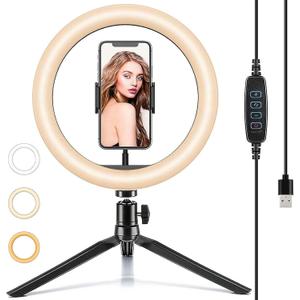 10" Desk Ring Light with Tripod Stand, 3 Light Modes & 11 Brightness Levels, Adjustable Selfie Phone Halo Light with Cell Phone Holder for Video Recording, Makeup, Computer Laptop Zoom Meeting