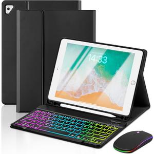 EAMPANG Case with Keyboard and Mouse for iPad 6th/5th Generation Air 1 2 Pro 9.7inch,7 Color Rainbow Backlight Detachable USB-C Keyboard Magnetic Case with Pen Slot for iPad 2018 2017 Black+Mouse