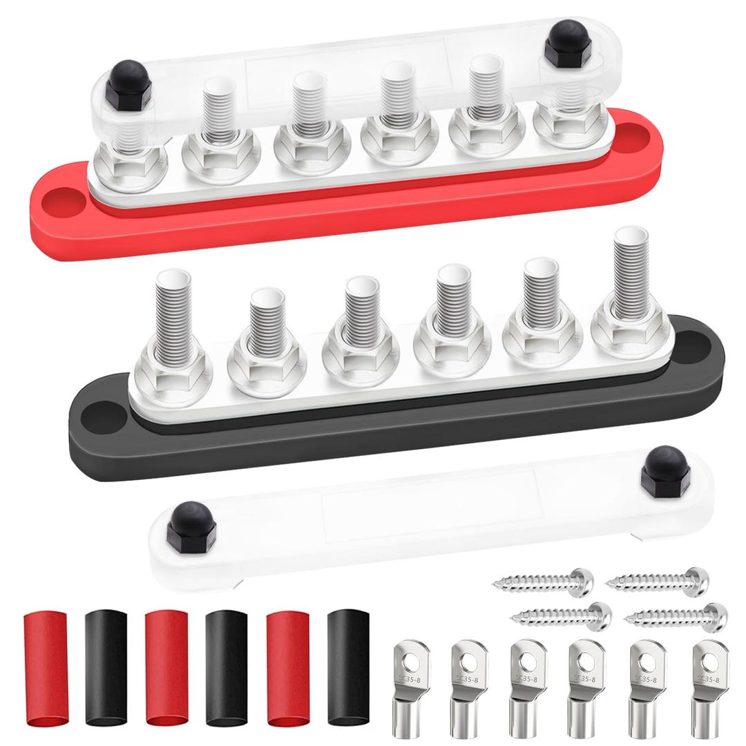 250A Bus Bar 12V Marine 6 x 5/16" (M8) Terminal Studs 12V-48V Power Distribution Block with Cover,with 6PCS Battery Lugs and 6PCS Heat Shrink Tubing Busbar for Boat Automotive Car
