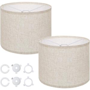 2 Pack Large Drum Lampshade  13" x 13" x 10" Beige Linen Lamp Shades for Table & Floor Lamps  Easy Assembly Spider Fitter Replacement Shade Set